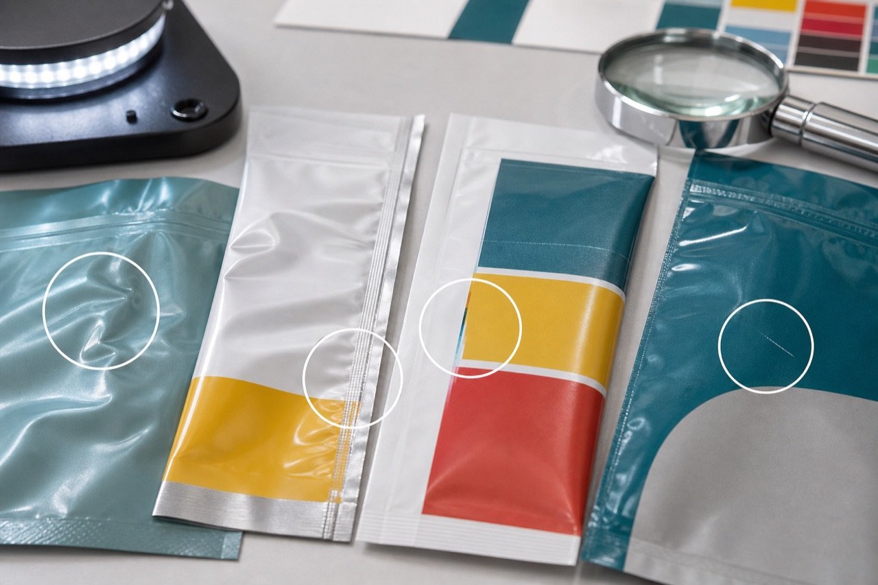 Close-up inspection of flexible packaging defects including wrinkles and seal issues
