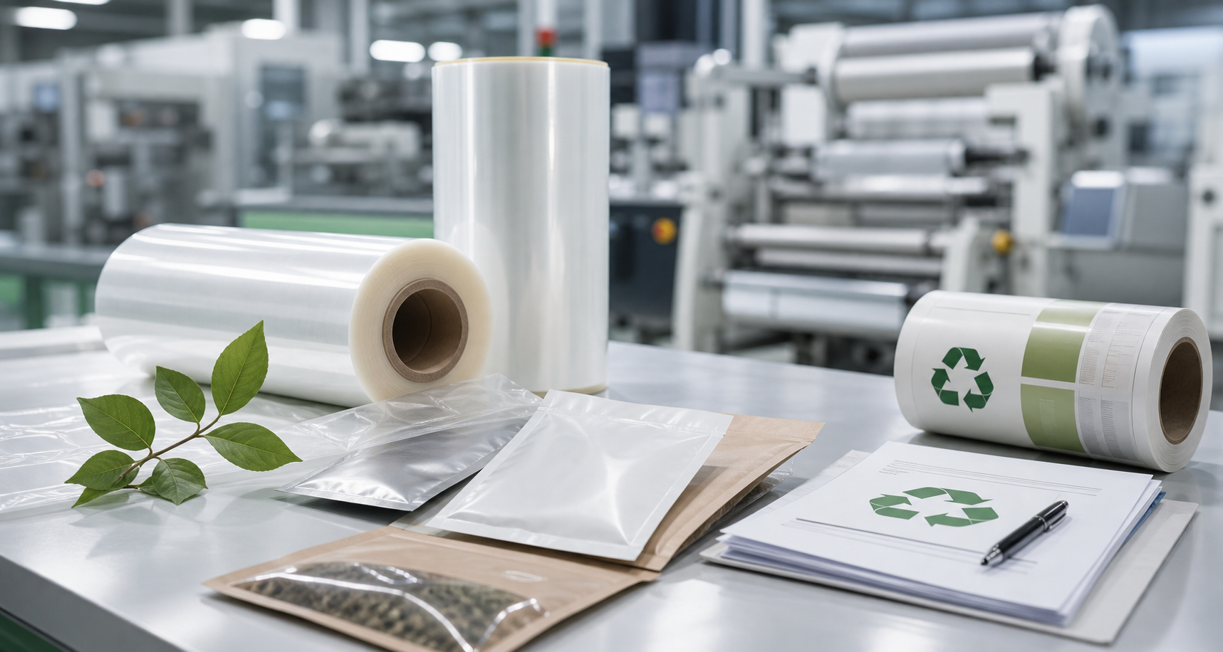 Flexible packaging materials, recyclable film rolls, and sustainability documents arranged in a clean packaging production environment.