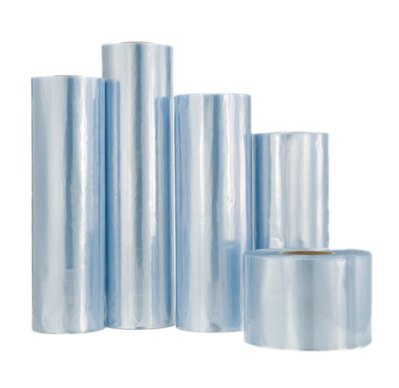 Six rolls of shiny, light blue plastic wrap or stretch film standing upright on a white background.