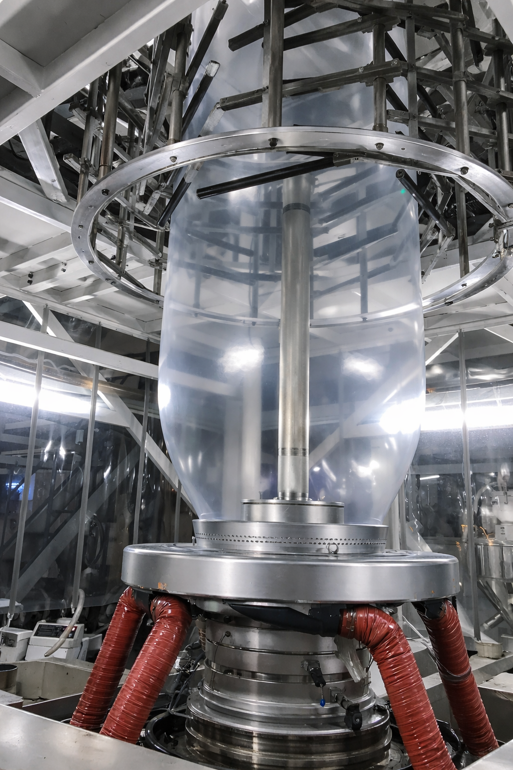 Large industrial machine with metallic components, pipes, and a central vertical column, inside a structured metal framework.
