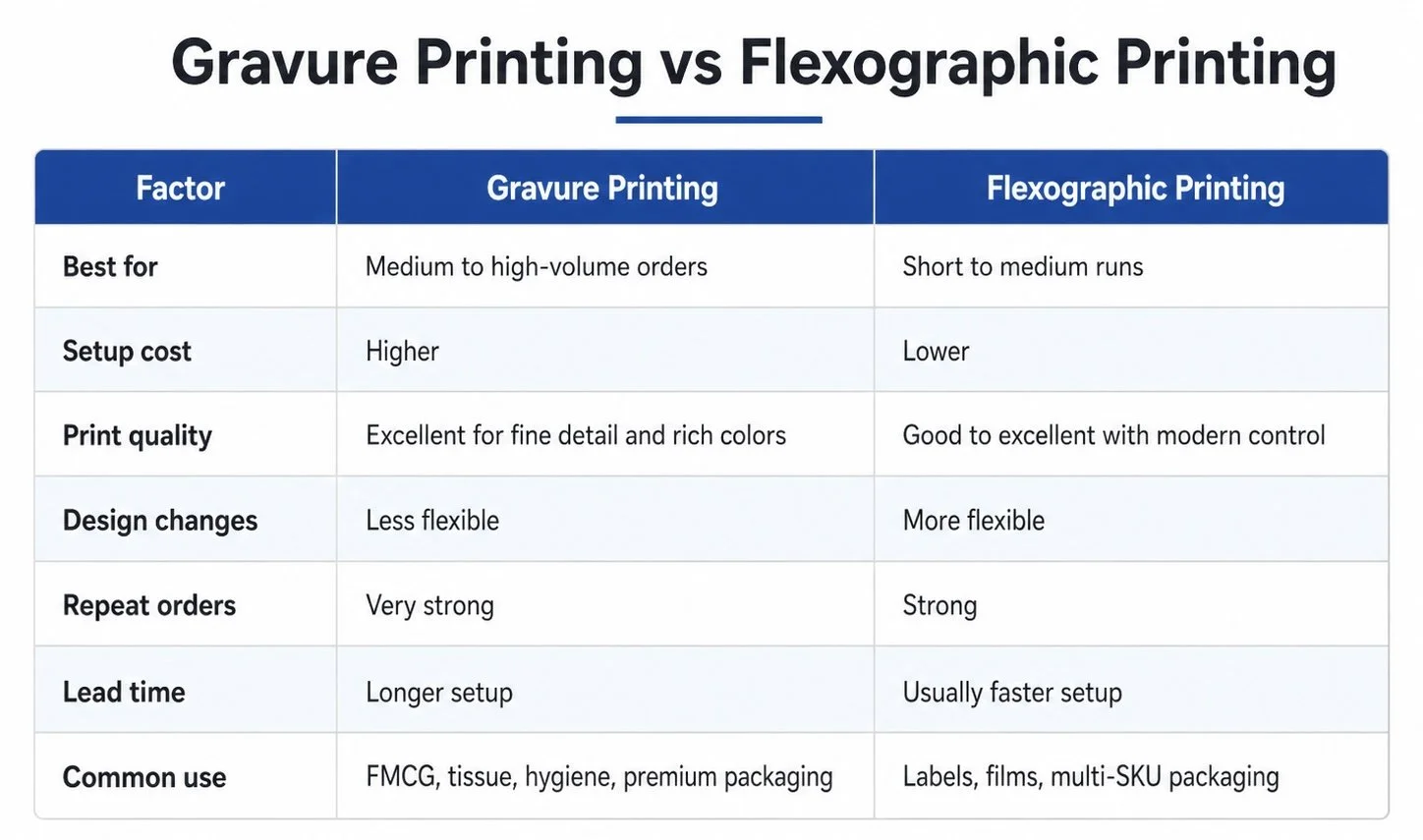 Comparison table of gravure printing and flexographic printing for flexible packaging, showing differences in best use, setup cost, print quality, design flexibility, repeat orders, lead time, and common applications.