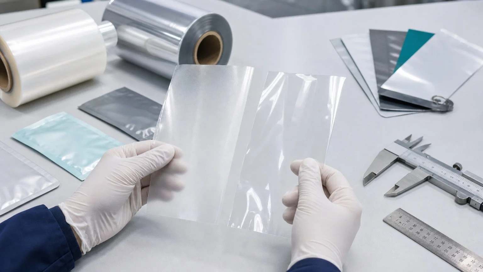 Close-up comparison of PE film and CPP film samples with measuring tools