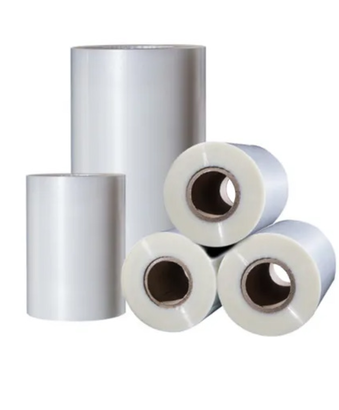 Five rolls of plastic film, three standing and two lying down, used for packaging or wrapping.