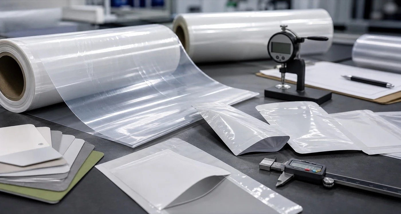 Flexible packaging film samples and quality inspection tools used to compare mono-material packaging options