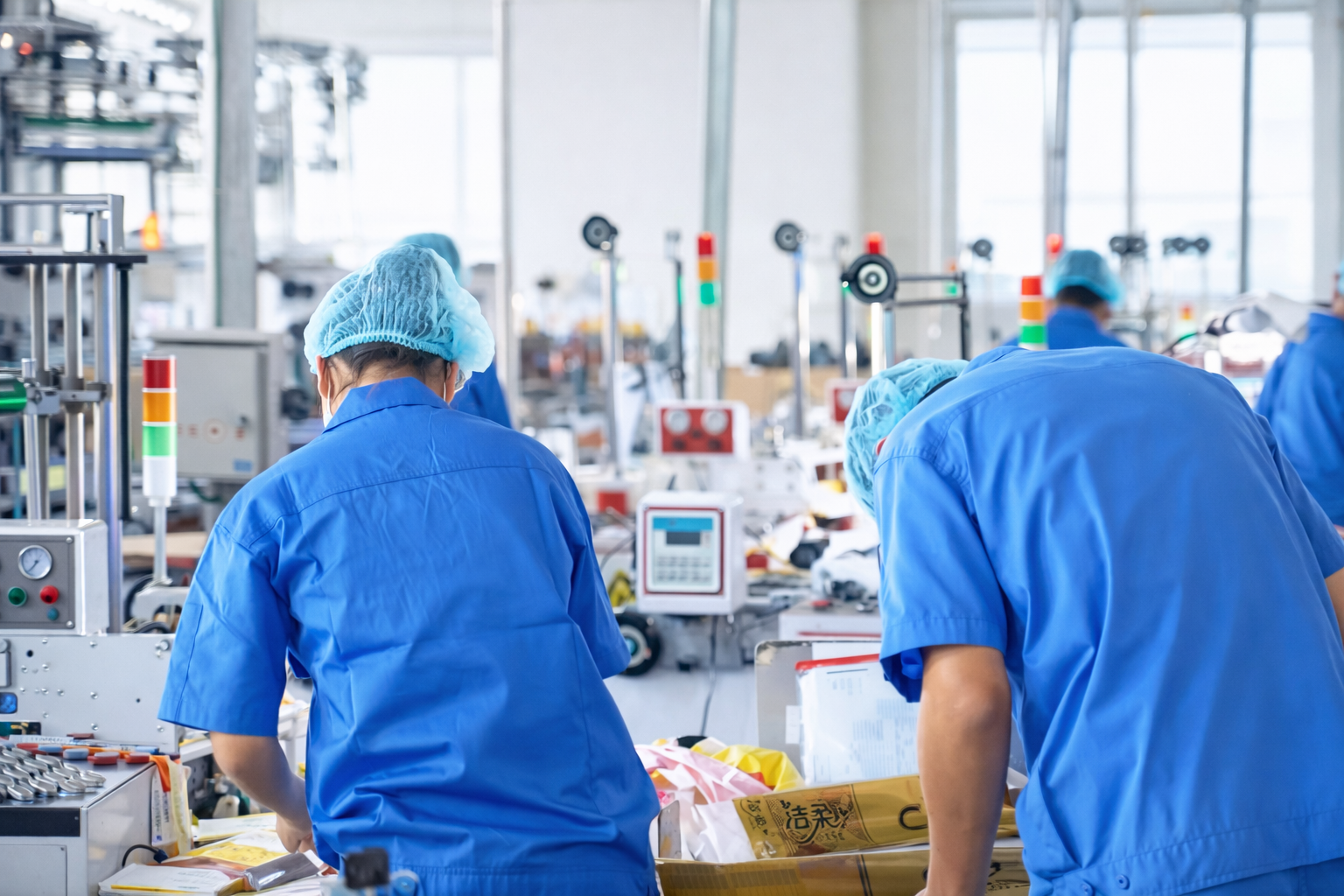 Workers in blue uniforms and hair covers working on assembly line in a manufacturing or medical facility with equipment and bright lighting.