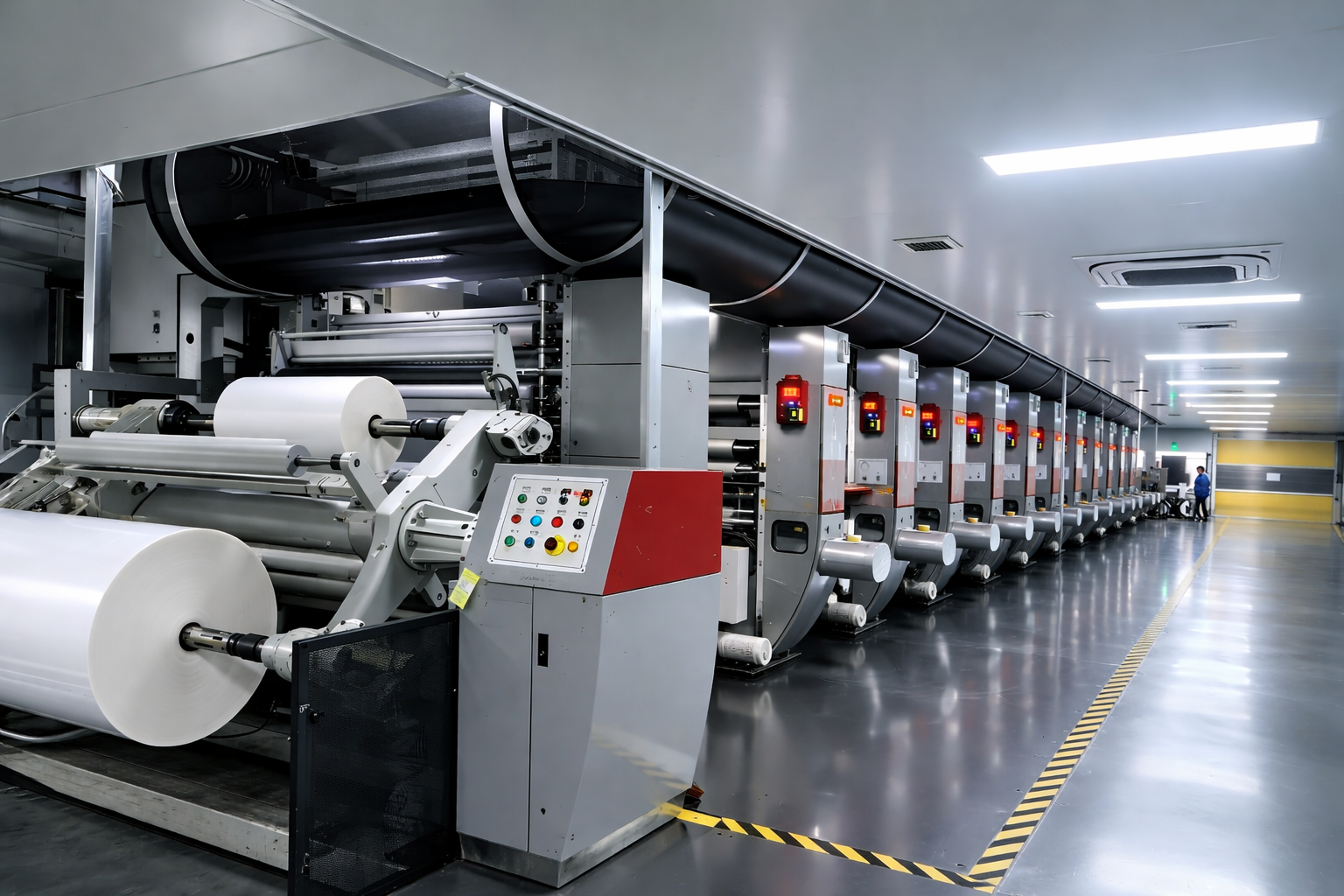 Industrial textile manufacturing machine with multiple rollers and control panel in a clean, modern factory setting.