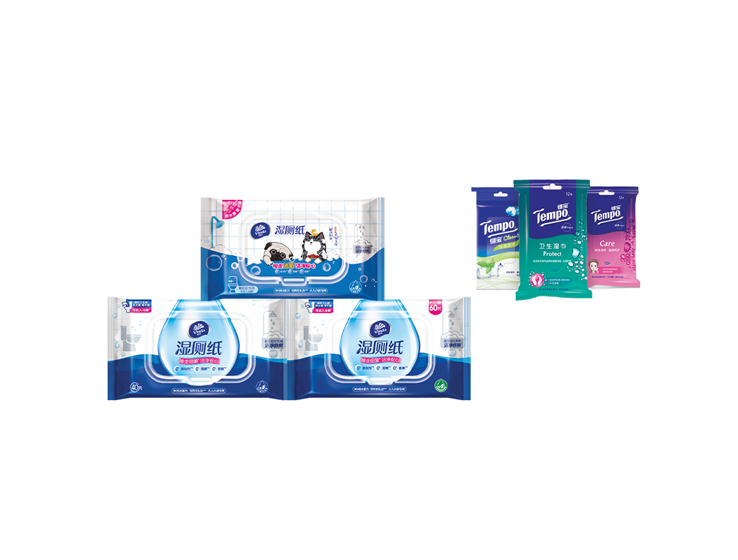 Various packages of household products, including tissue paper in blue and white packaging, and small packets of various tissues or wet wipes, in blue, green, and pink packages.