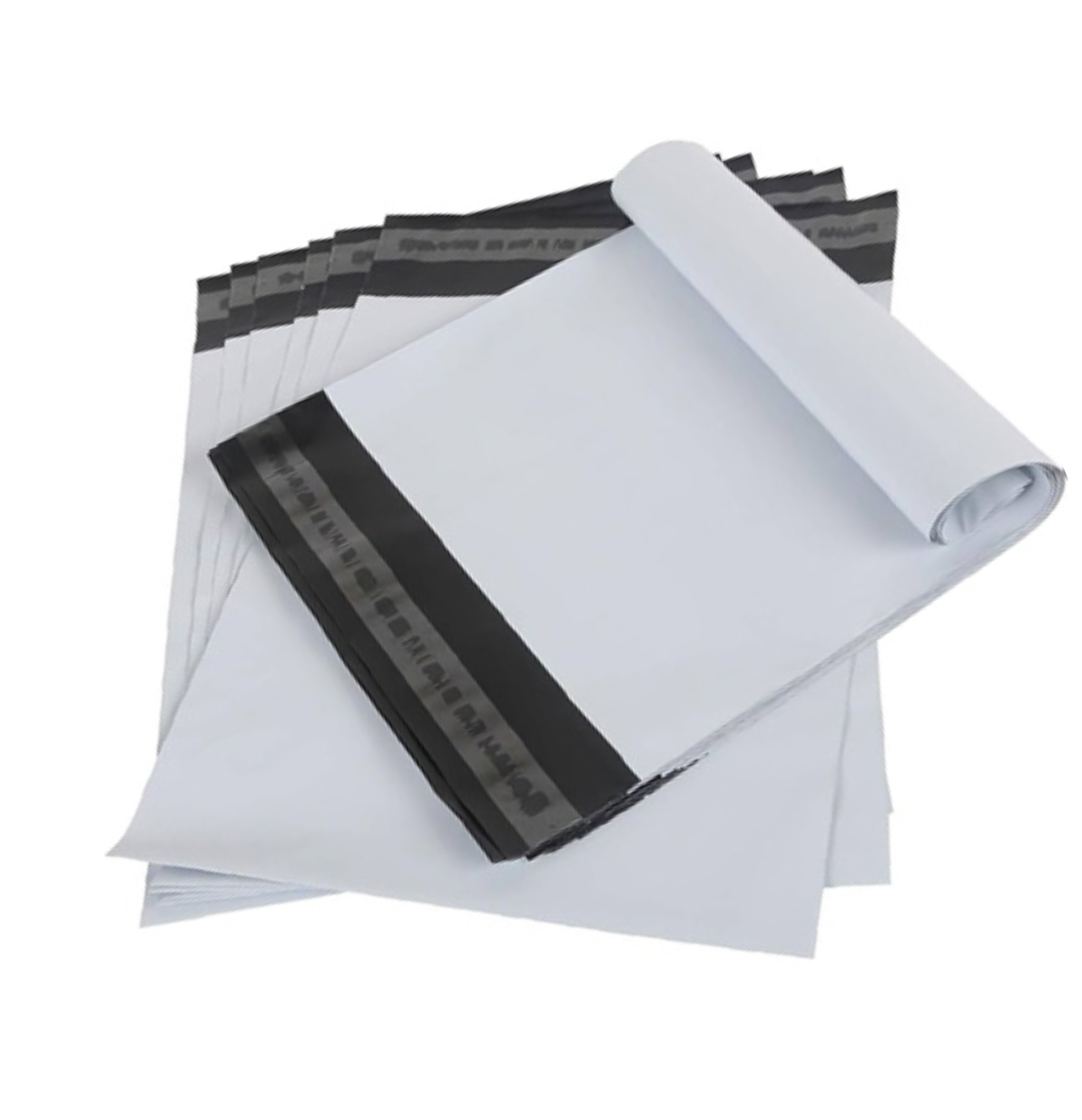 A stack of bubble mailers with black and gray borders, partially unrolled, on top of white papers.