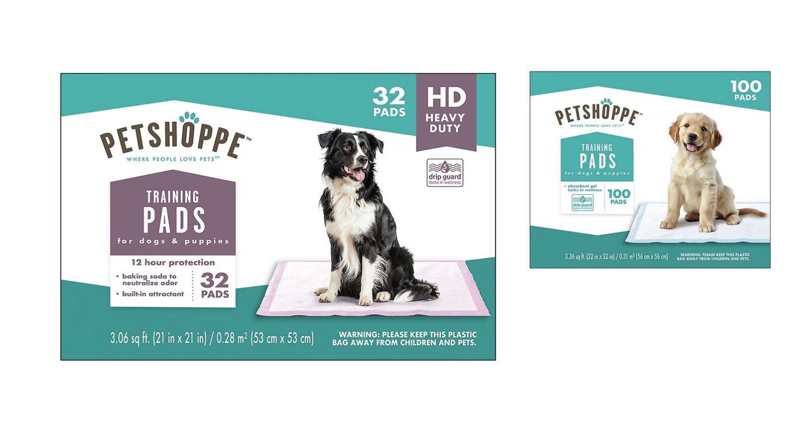 Packaging of Petshoppie training pads featuring a black and white dog sitting on a training pad, with another pack displaying a golden retriever puppy on the training pad, indicating the pads are for dogs and puppies, with labels highlighting features like odor neutralization and high absorption.