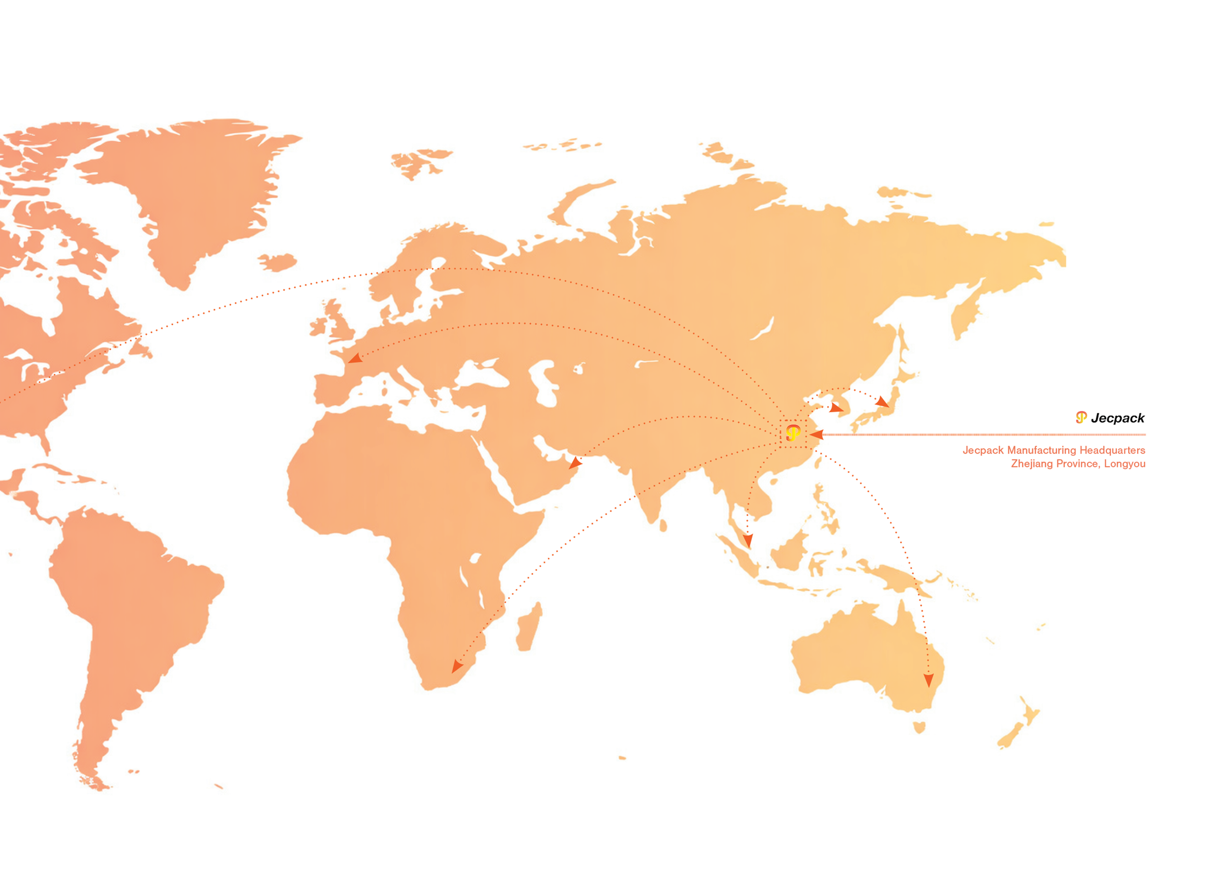 World map highlighting Jeckpack's manufacturing headquarters in Longyou, Zhejiang Province, China, with dotted lines indicating distribution routes to various continents.