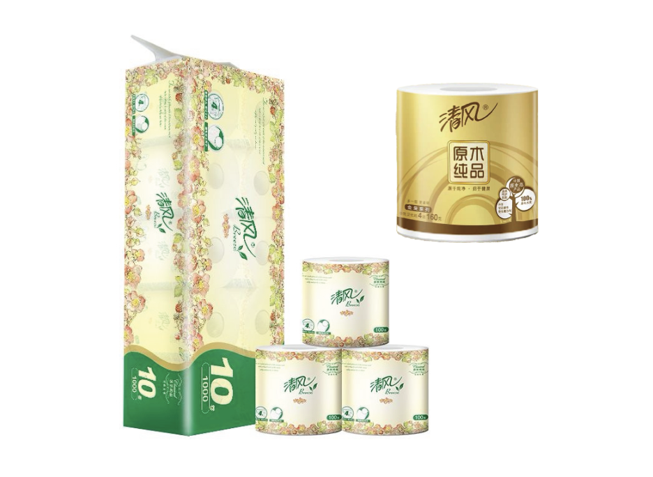 Stack of five toilet paper rolls and two large packs of toilet paper, with a blue and floral design and Chinese characters on the packaging.