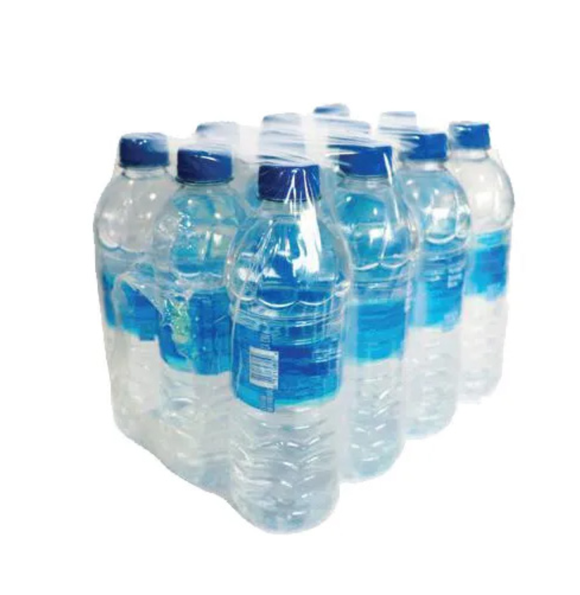 A pack of twelve bottled water with blue caps.