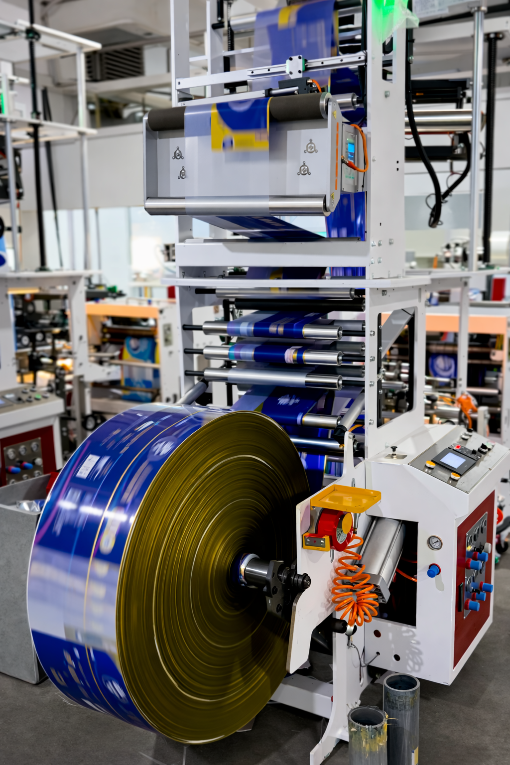 High-speed industrial machine producing custom printed roll stock film for flexible packaging applications