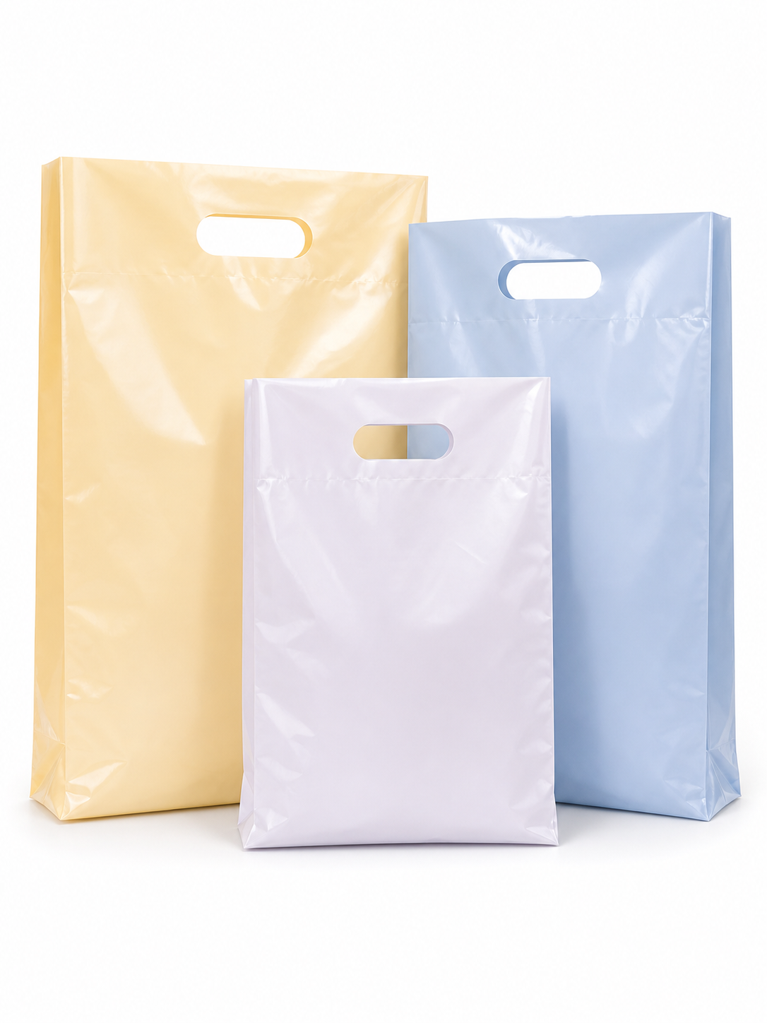 Die-cut handle bags for retail, promotional, and custom flexible packaging applications