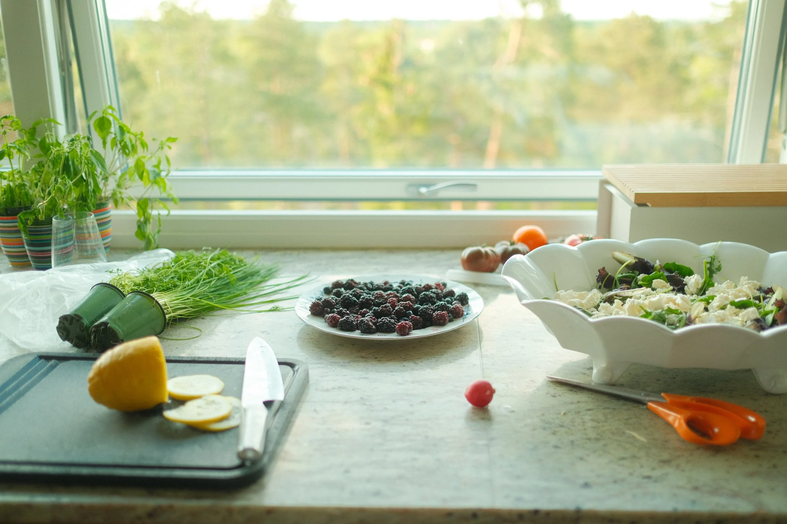 A kitchen counter with fresh herbs, berries, a salad, and kitchen tools, near a window with a view of trees.