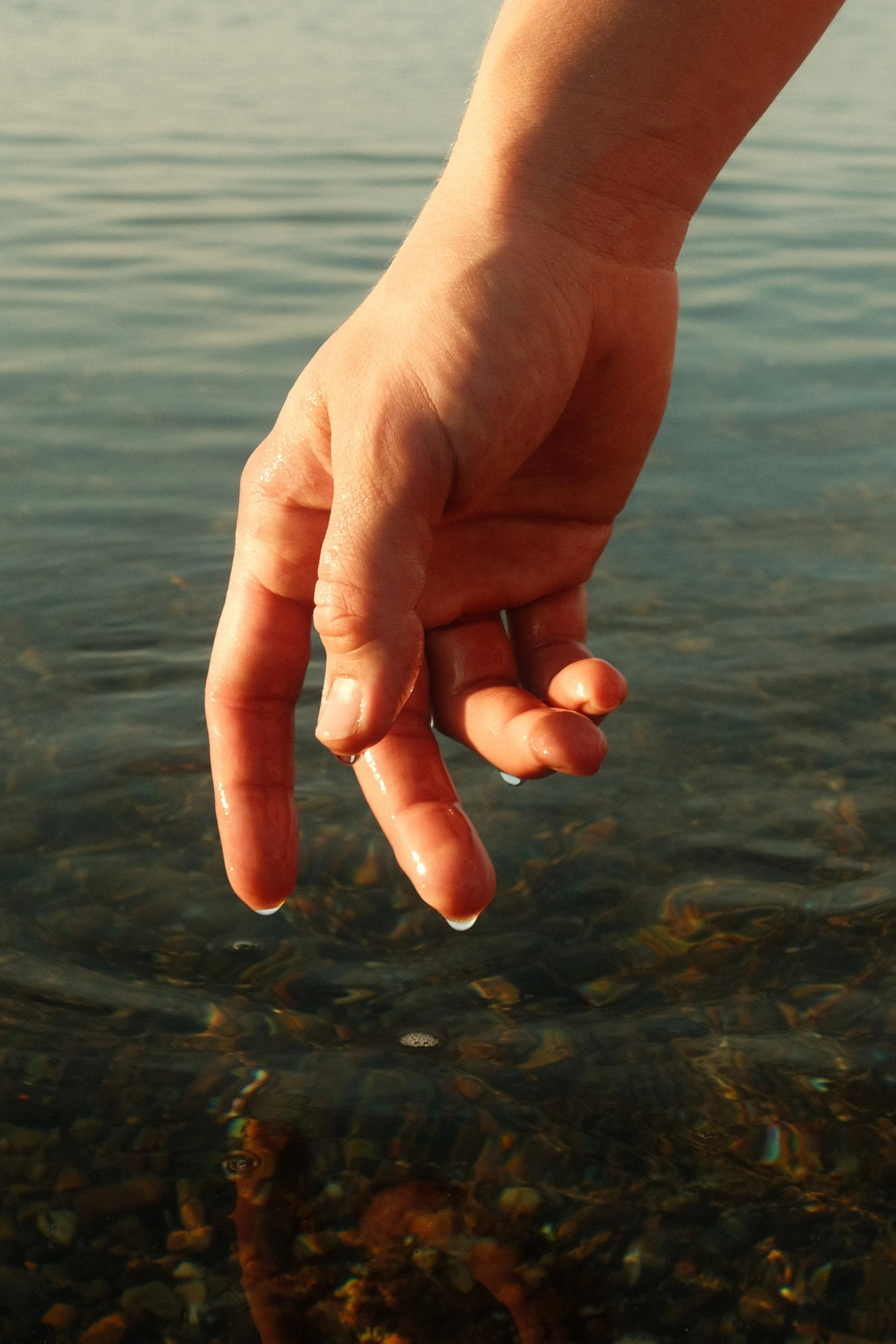 A close-up of a person's hand reaching into clear, shallow water near a shore, with visible pebbles underneath.