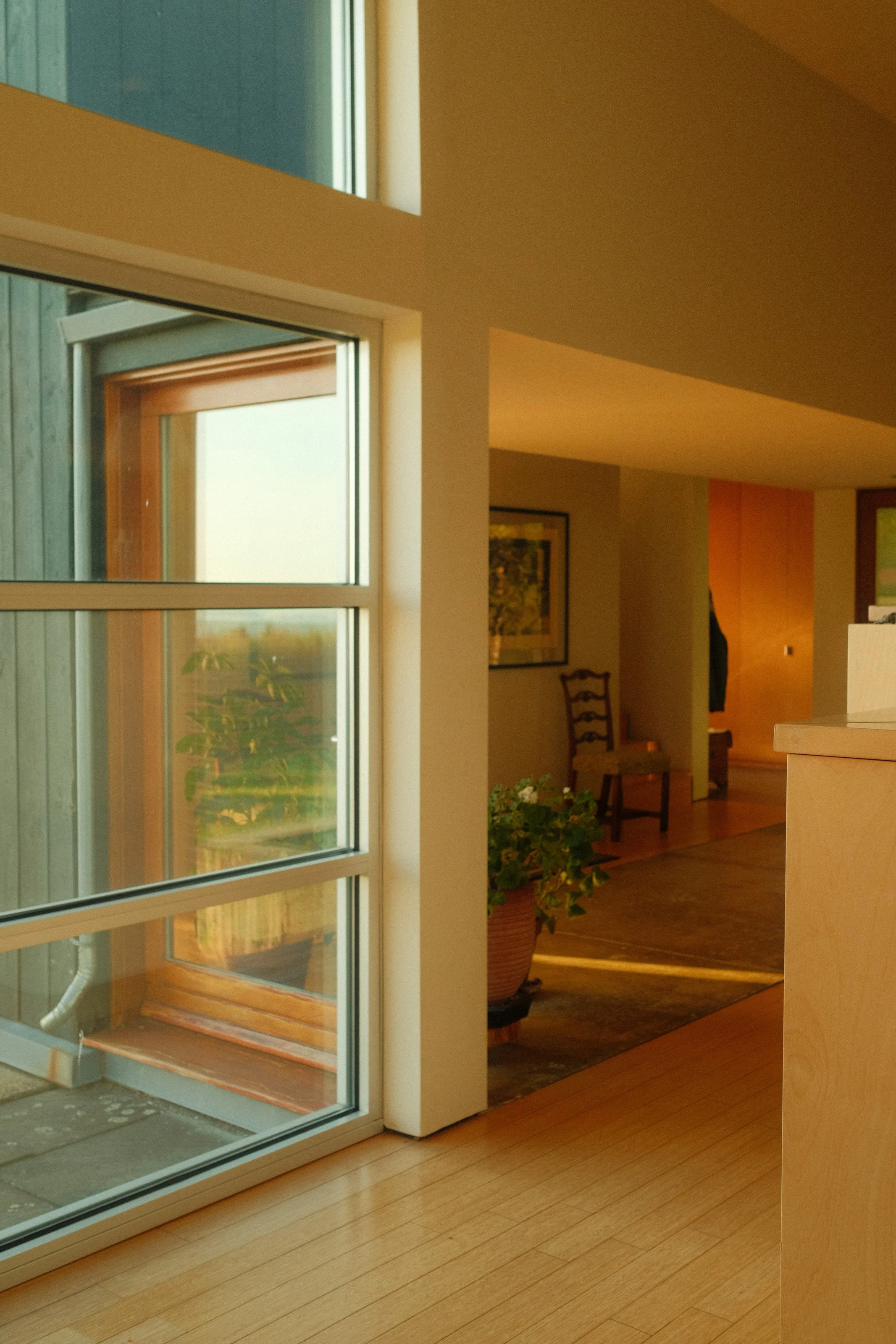 Interior view of a room with large windows, wooden flooring, a potted plant, and a hallway with a framed picture and a wooden chair.