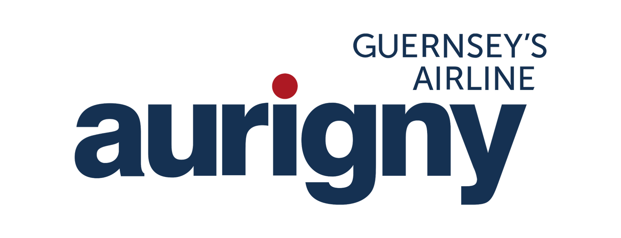 A logo for Aurigny airline featuring the word 'aurigny' in bold navy blue letters, with a red dot over the letter 'i' and the words 'GUERNSEY'S AIRLINE' in smaller blue text to the right.
