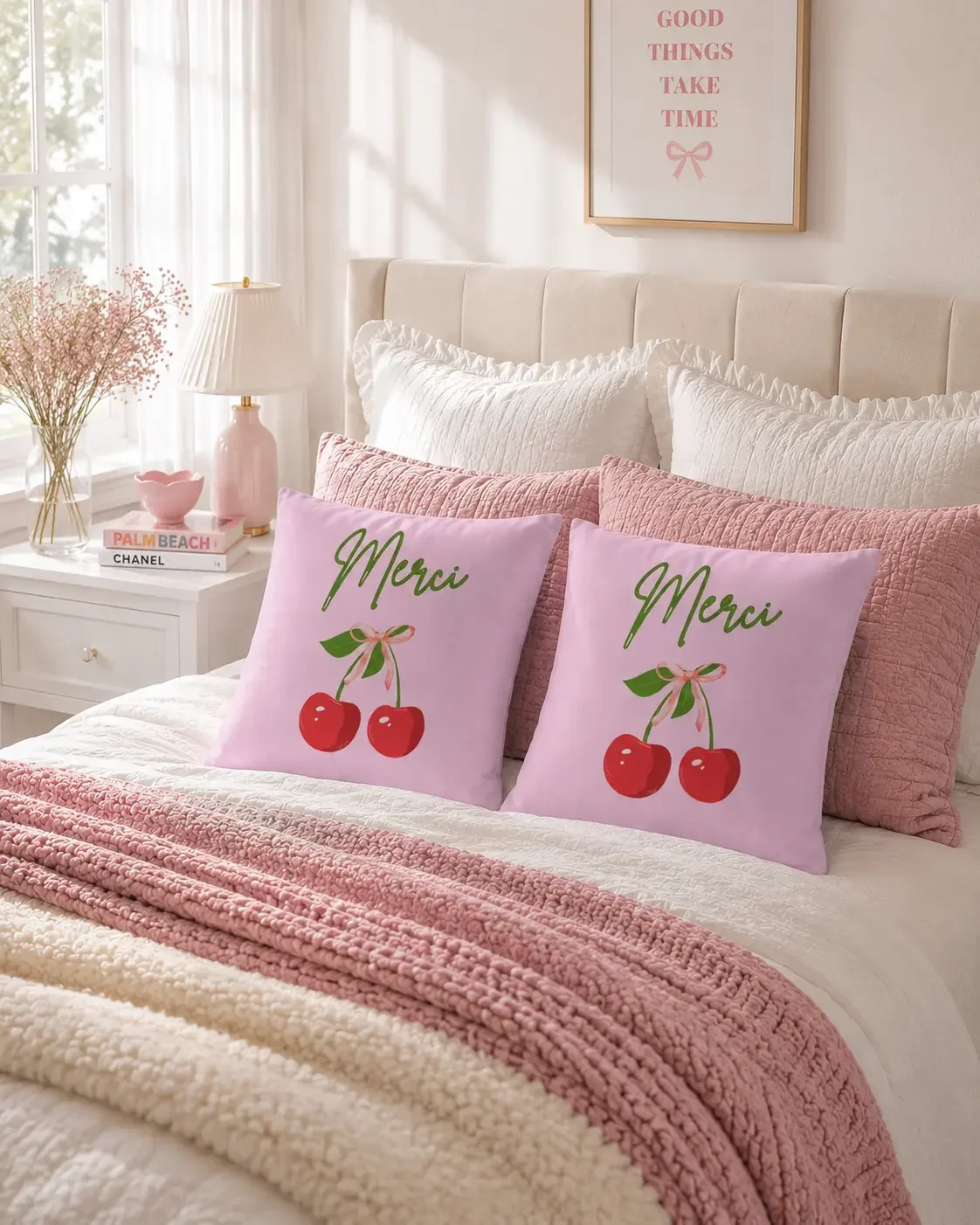 Close-up lifestyle shot of a pair of pink French script cherry pillows on a white bed with a pink lamp and nightstand books.
