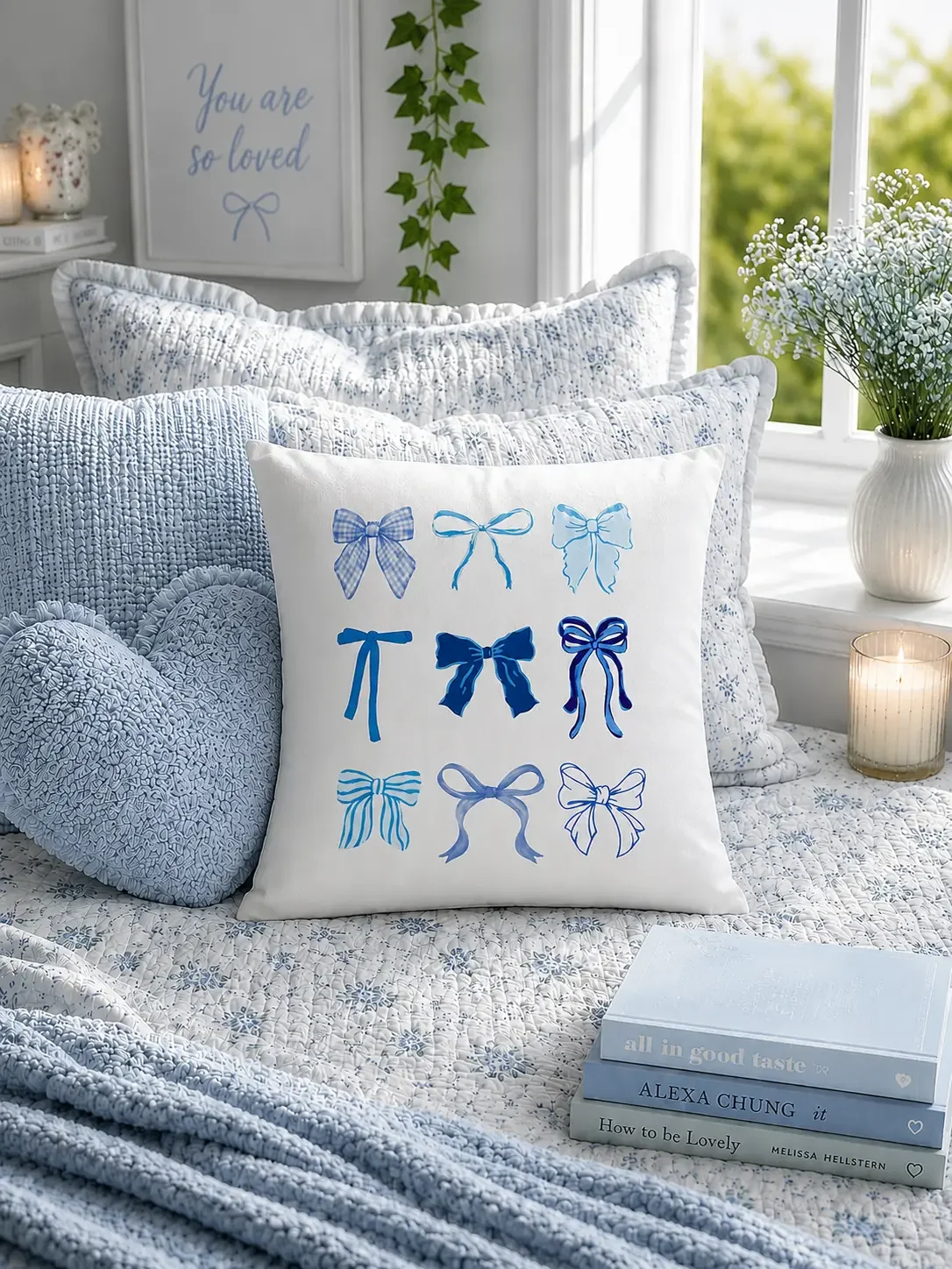 The Doodles and Saffron blue coquette bows throw pillow displayed on a styled bed with light blue ruffled pillows and floral quilts.