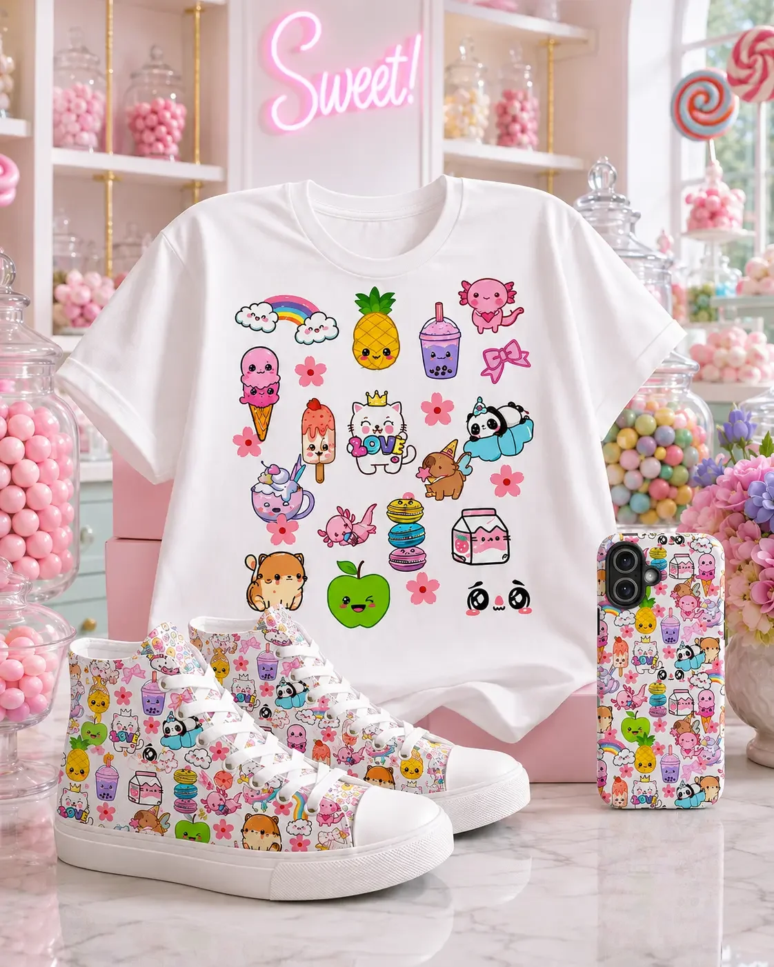 White graphic t-shirt, matching canvas sneakers, and a phone case with a cartoon character pattern in a candy shop.