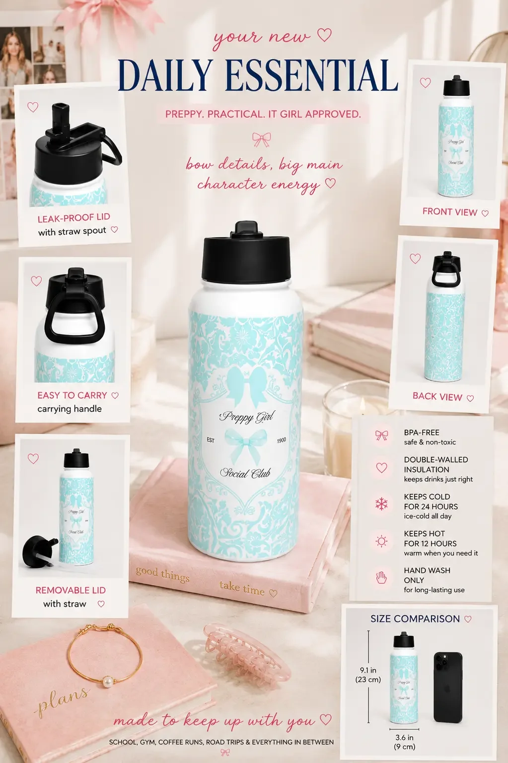 Infographic showcasing a preppy water bottle's features, including its leak-proof lid, insulation, and size dimensions.