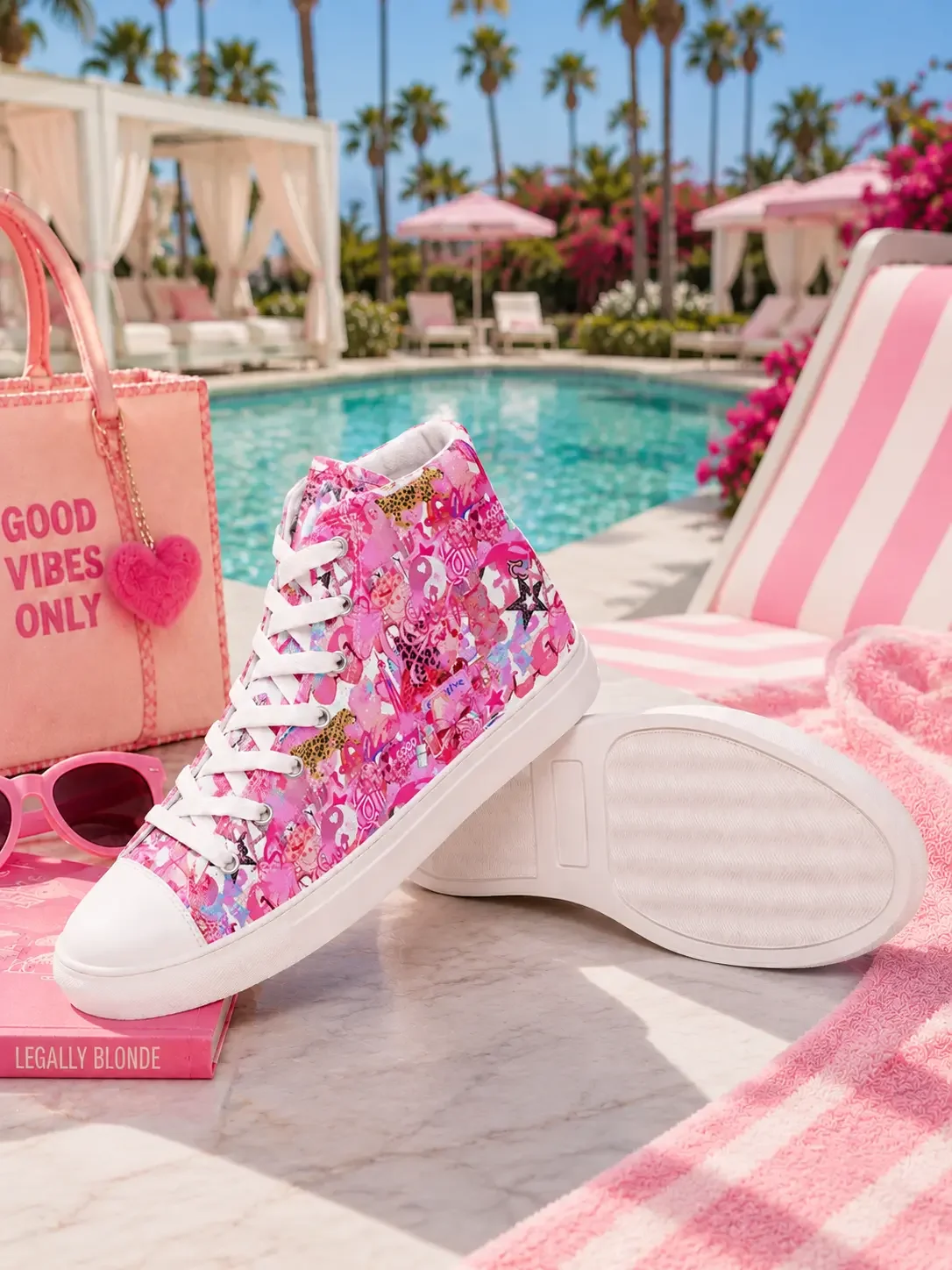 Bright pink graffiti canvas high-top sneakers displayed on a marble lounge table by a resort swimming pool.