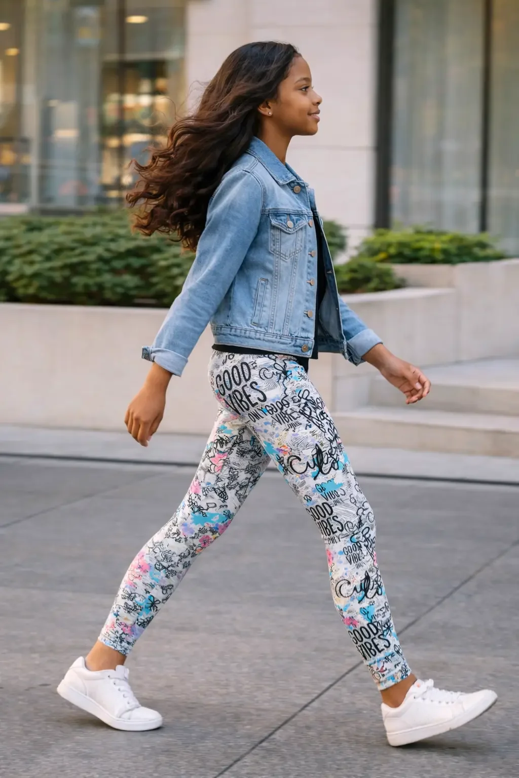 Side view of girls full-length athletic leggings featuring a "Good Vibes Only" graffiti and doodle print pattern, showing a flexible fit in motion.