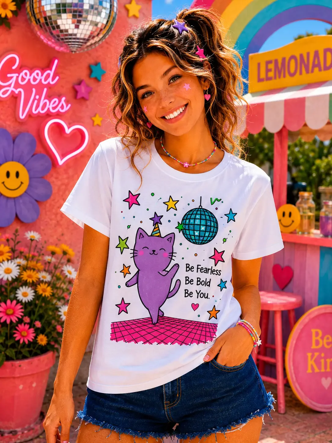 A smiling woman wearing a white graphic t-shirt featuring a dancing cartoon cat and disco ball, paired with frayed denim shorts.