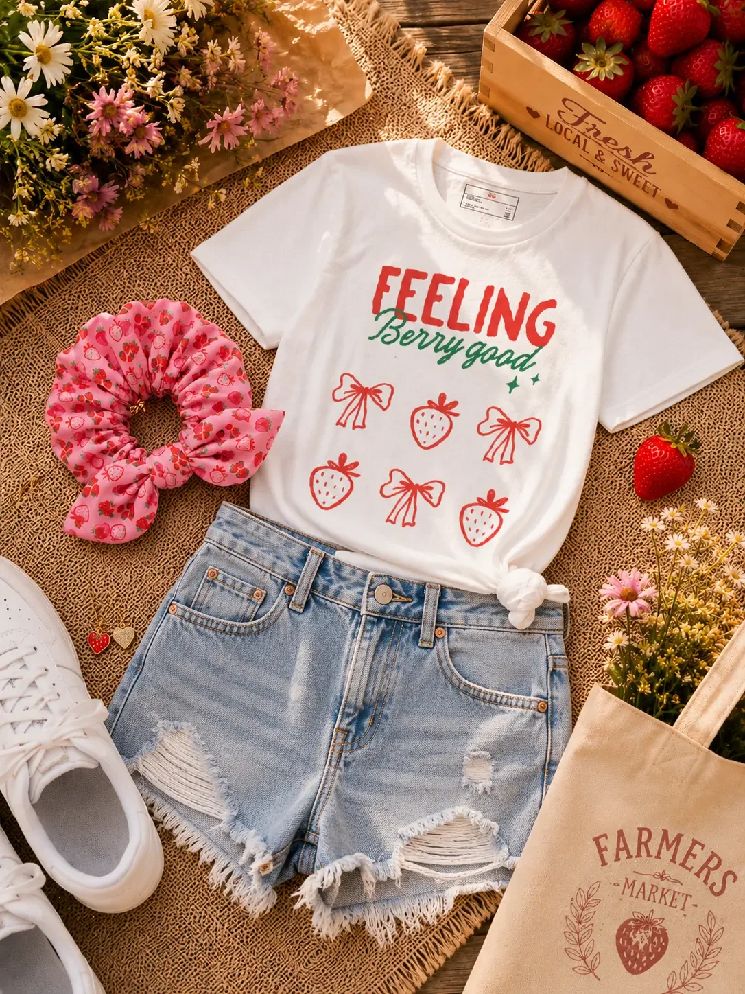 Flatlay of white Feeling Berry Good graphic t-shirt with denim shorts, strawberry bow scrunchie, sneakers, and a tote bag.
