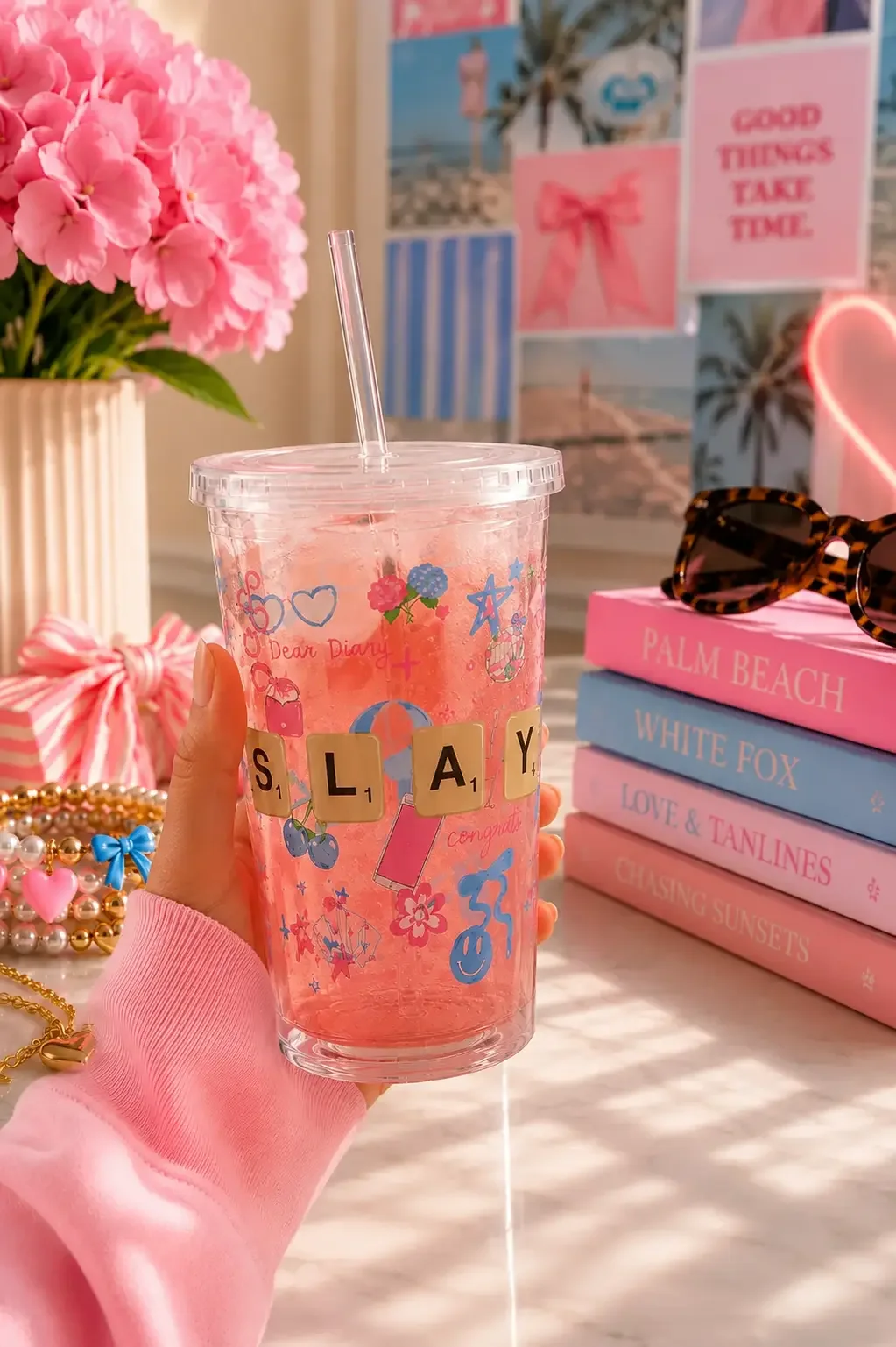 Preppy-slay-doodle-tumbler-cup-coastal-pink-desk-decor.webp
