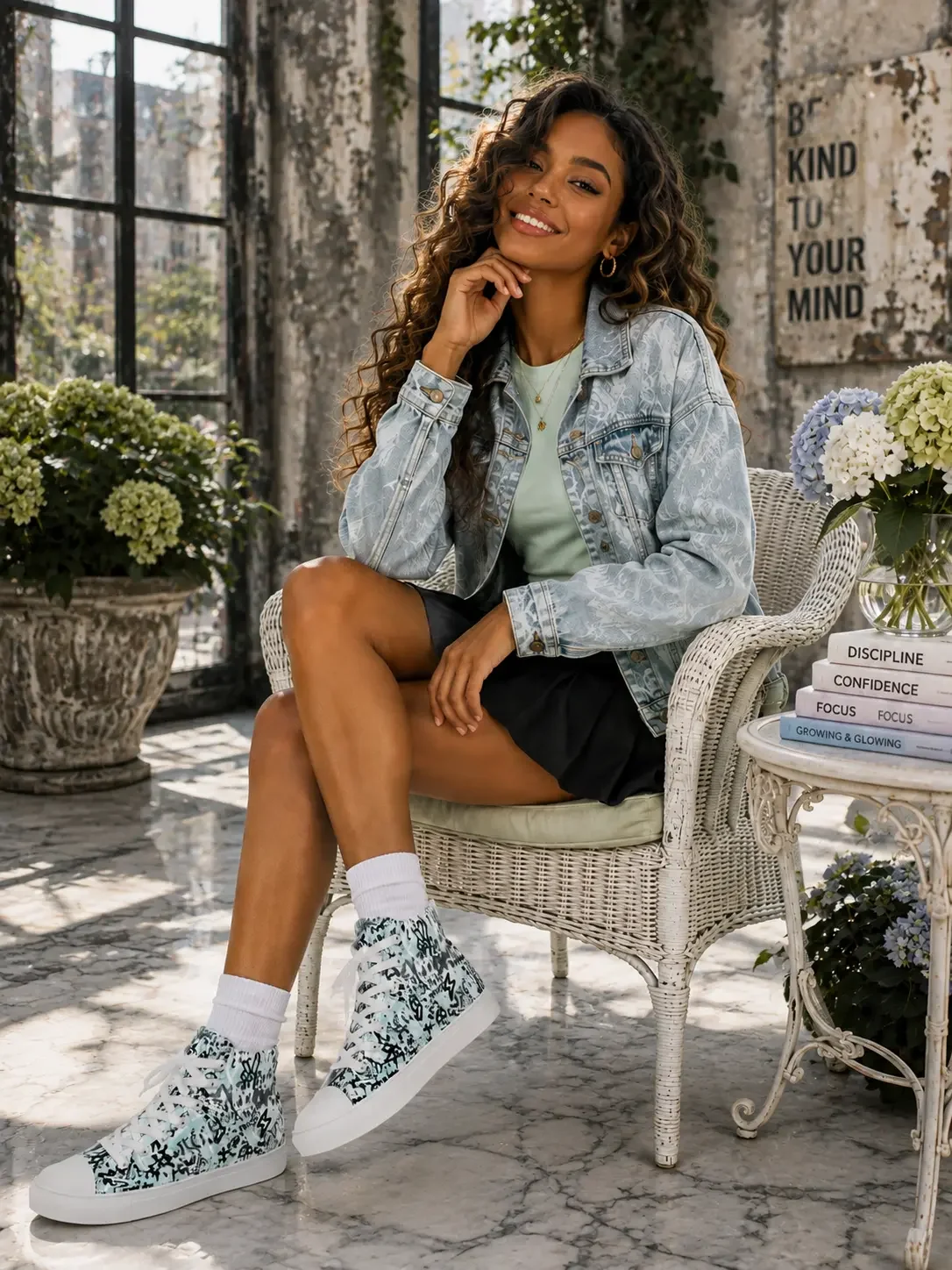 Woman smiling on a wicker chair wearing a denim jacket, mint green top, black skirt, and mint green graffiti high-top sneakers.
