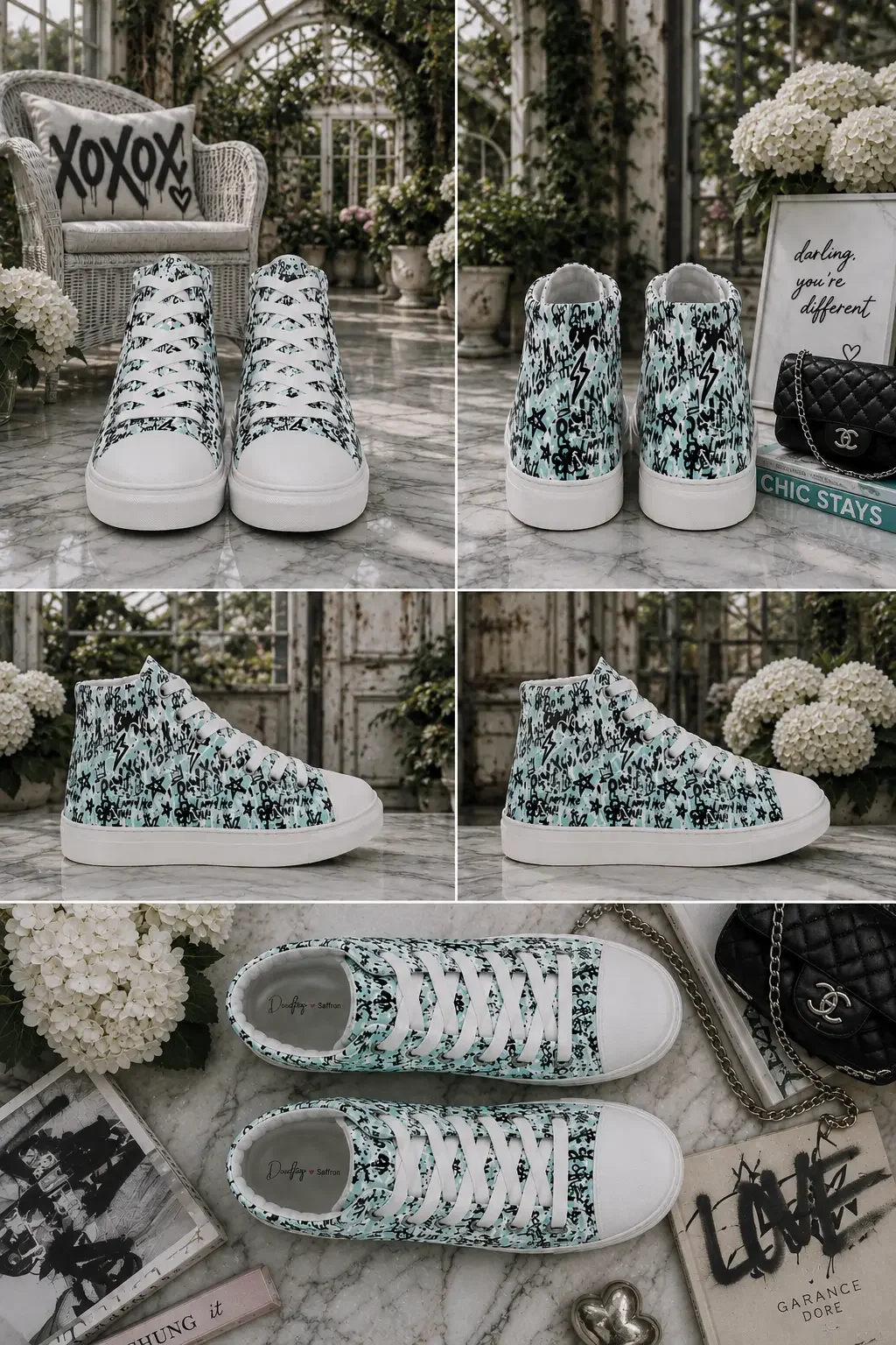 A multi-angle grid collage showcasing mint green graffiti print high-top canvas sneakers from five different perspectives.