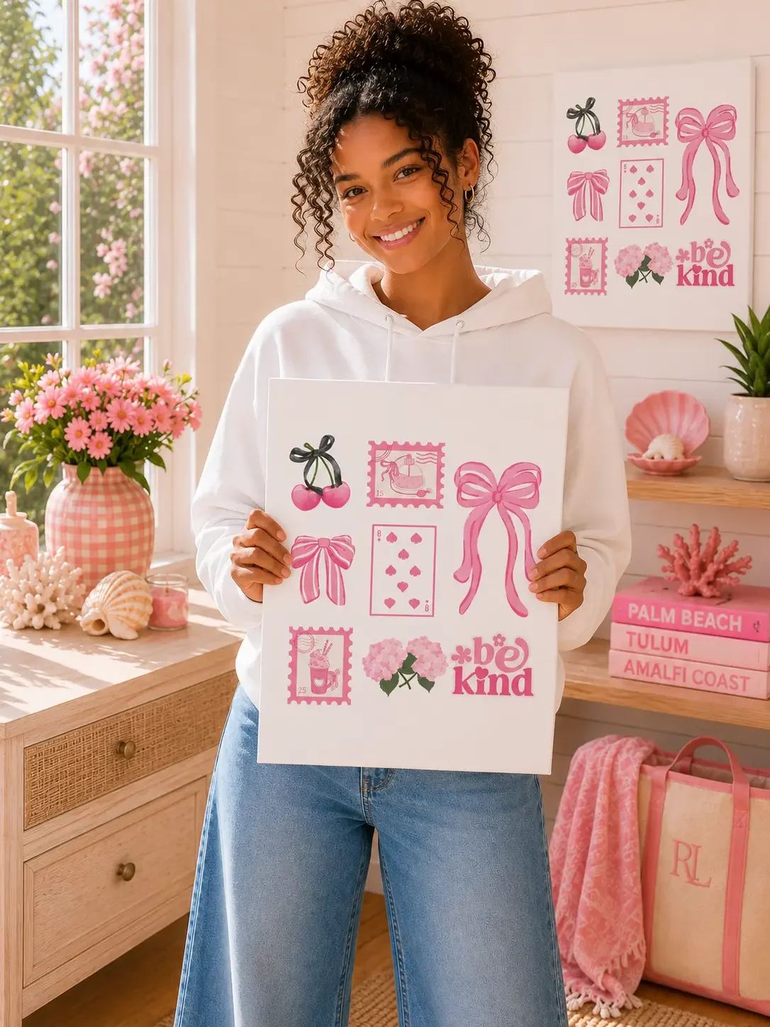 Girl with curly hair holding a pink coquette sticker-grid canvas print in a brightly lit room.