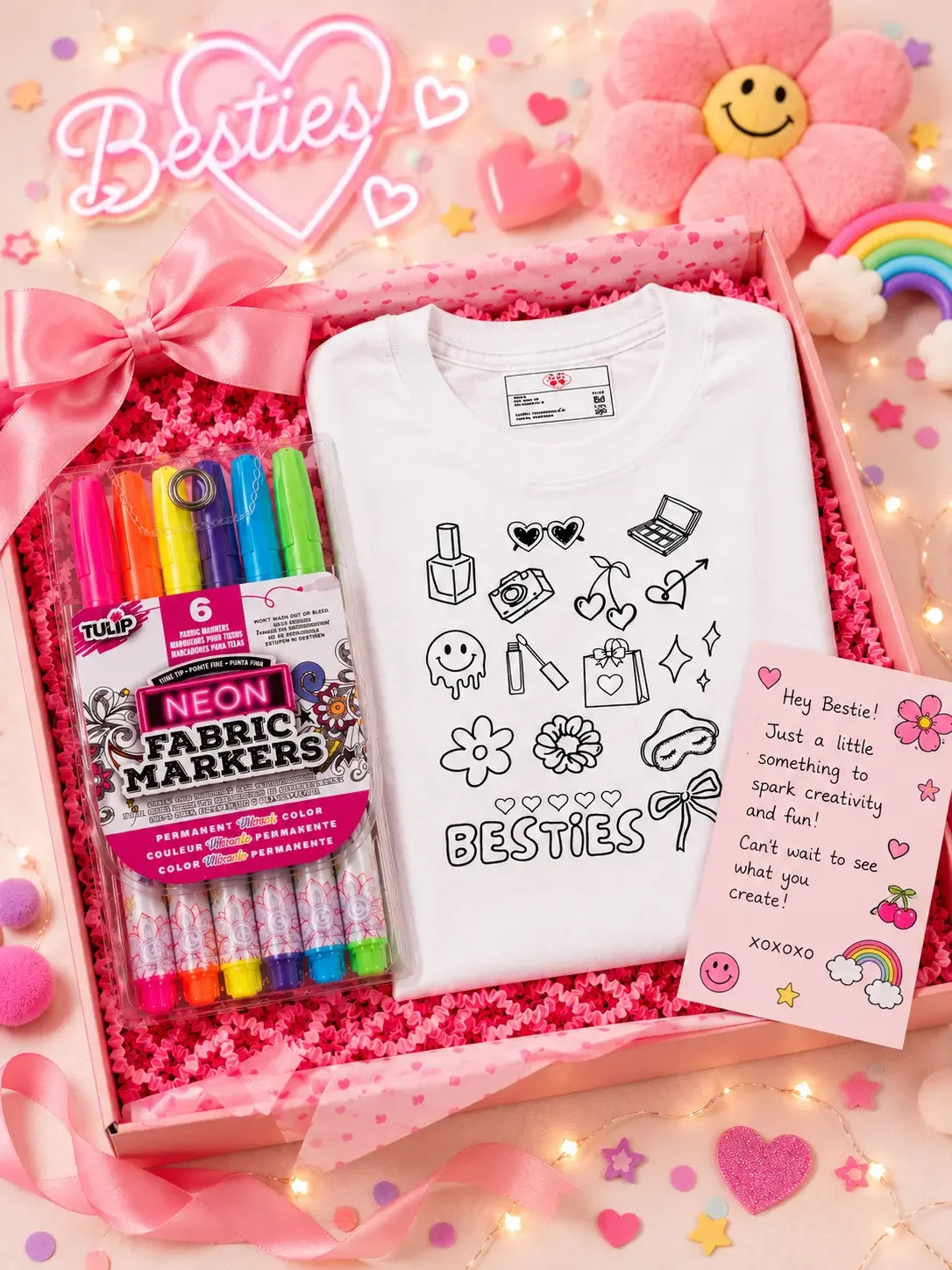 Diy Besties t-shirt craft kit inside a pink gift box with Tulip neon fabric markers and a sweet friend card.