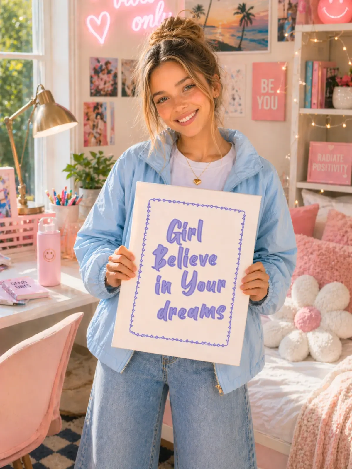 Model holding a purple inspirational quote canvas print in a room filled with a white desk, a pink neon sign, and pastel decor.