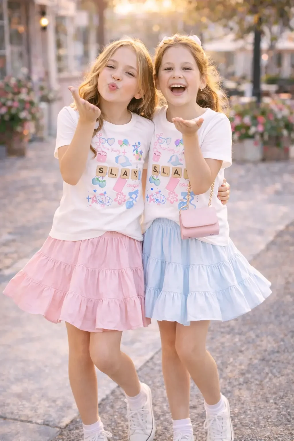 Two young girls smiling and blowing kisses outdoors wearing matching white "SLAY" doodle icon graphic tees, styled with pink and blue ruffled tiered skorts.