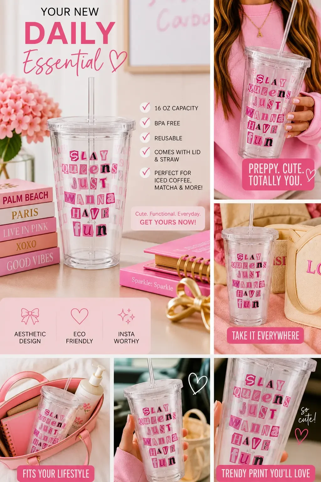 Infographic collage for a "Slay Queens" preppy tumbler cup, detailing its 16oz reusable features and lifestyle images.