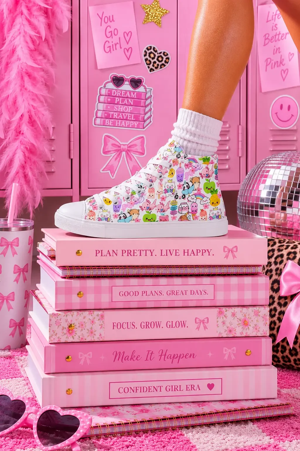 A person wearing white canvas high-top sneakers with a cartoon pattern standing on pink preppy journals by school lockers.