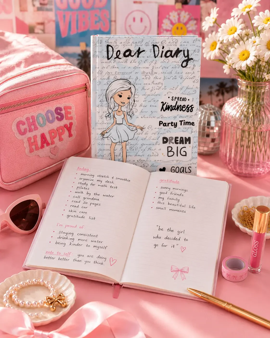 An open journal with a daily self-care checklist next to a closed light blue Dear Diary notebook on an aesthetic pink desk setup.