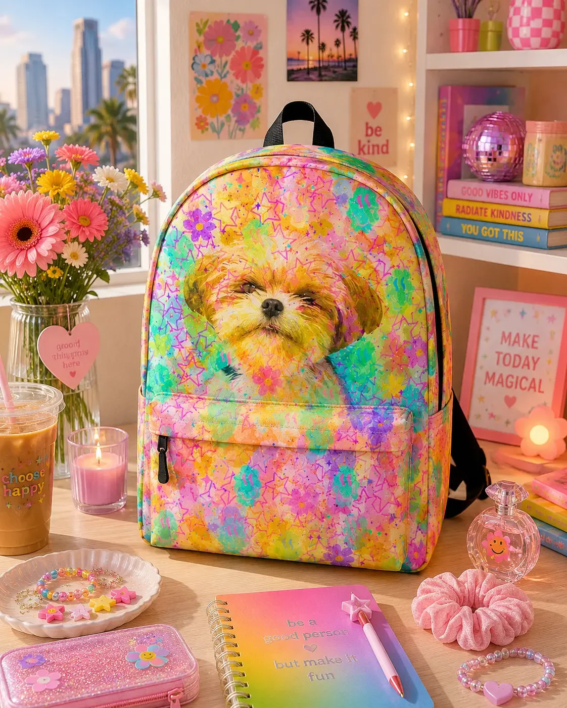 Rainbow watercolor star pattern backpack with a dog graphic sits on a desk styled with pink stationery and flowers.