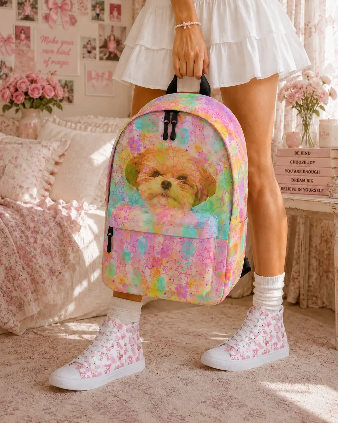 Young woman wearing a white skirt and pink icon sneakers holds a rainbow watercolor star pattern dog backpack in a bedroom.