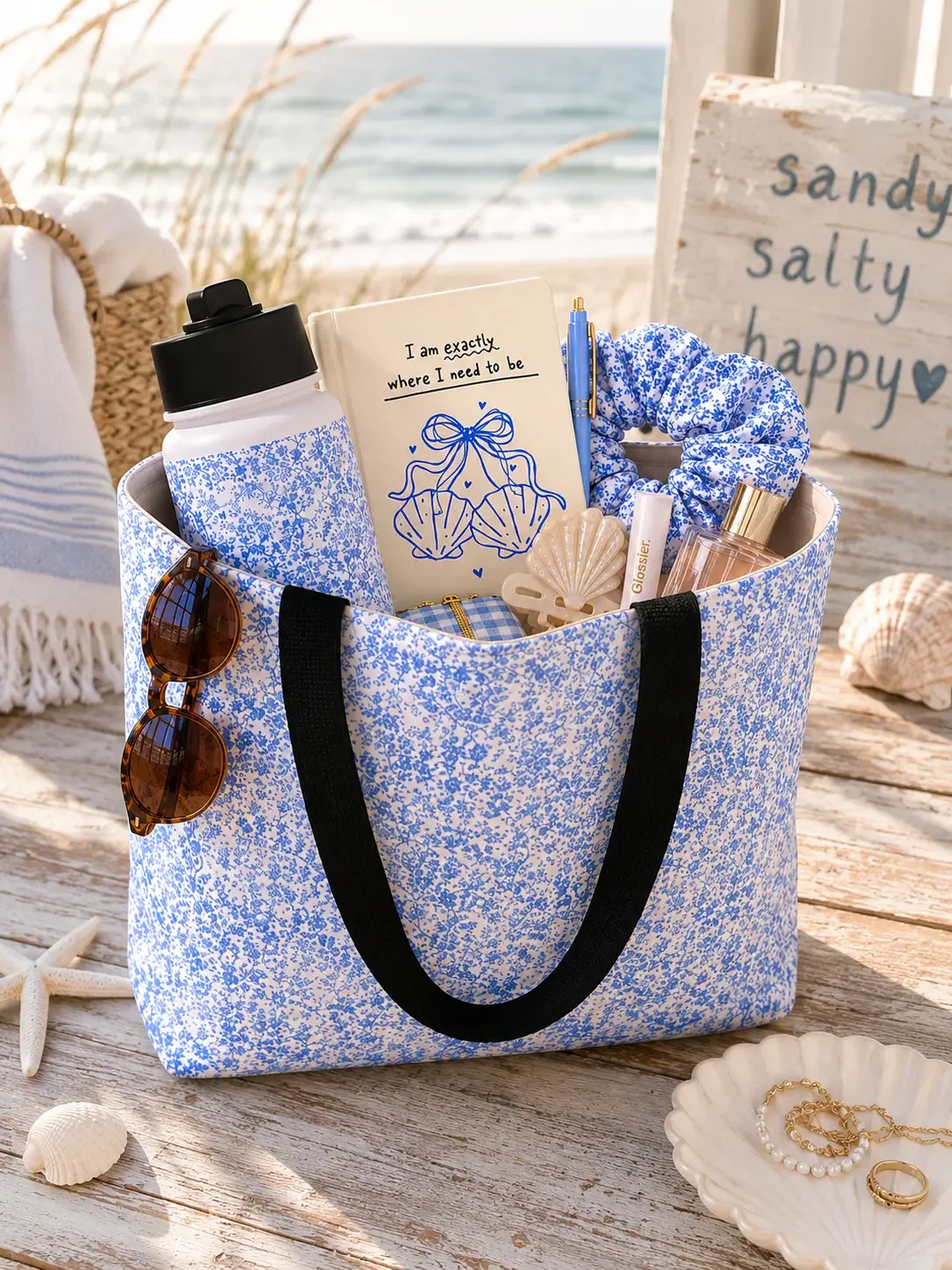 Blue floral tote bag packed with beach essentials including a water bottle, notebook, and scrunchie by the ocean.