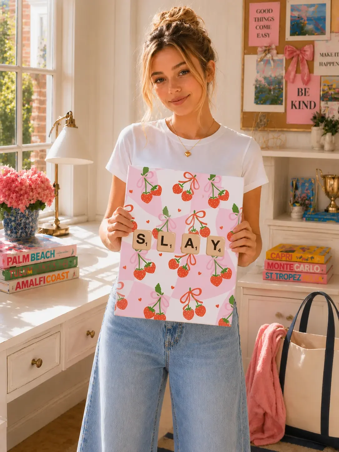 Model holding a pink Slay canvas art print with strawberries and ribbon bows by Doodles and Saffron in a preppy bedroom workspace.