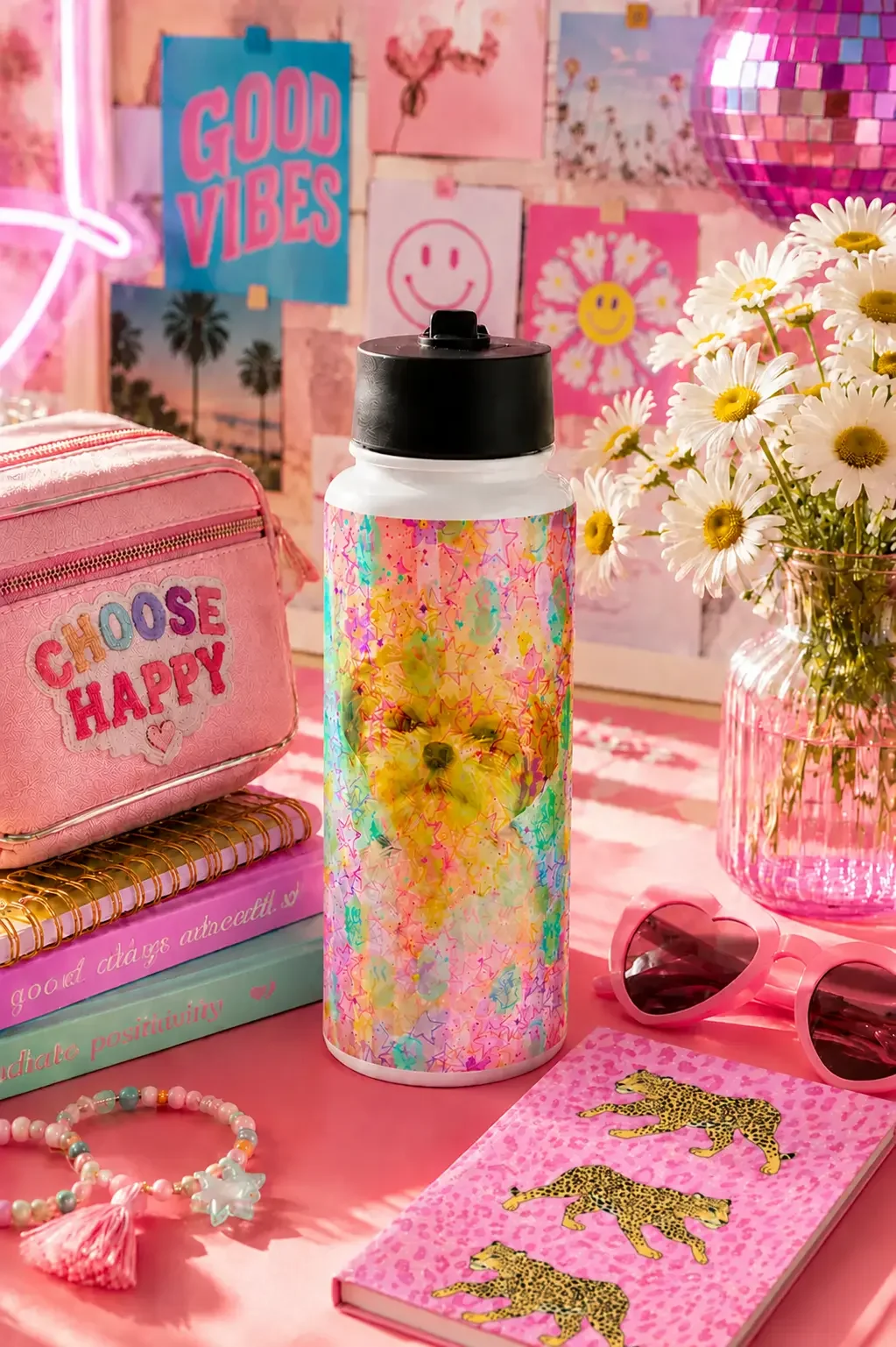 A colorful puppy water bottle stands on a pink desk among pink books, heart sunglasses, a pouch, and fresh daisies.