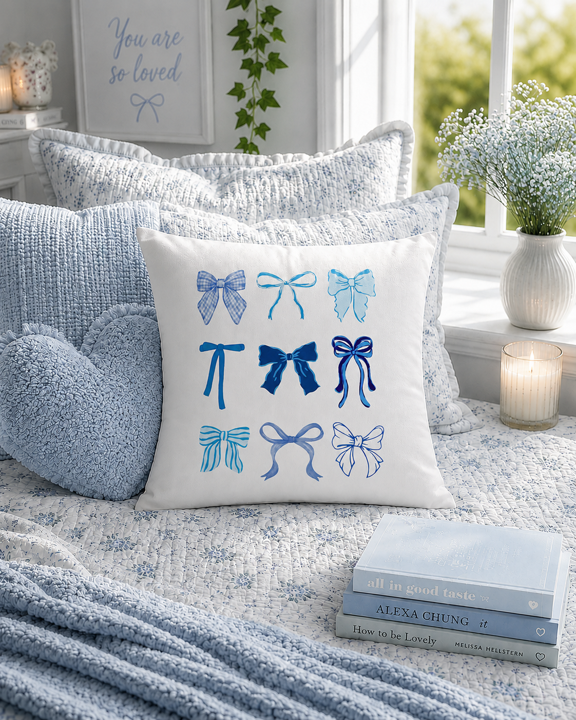 
The Doodles and Saffron blue coquette bows throw pillow displayed on a styled bed with light blue ruffled pillows and floral quilts.