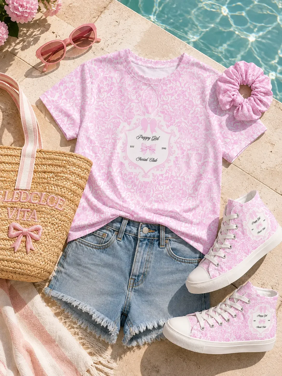 Flat lay pool display with a pink Preppy Girl Social Club tee, denim shorts, matching damask sneakers, tote, and sunglasses.