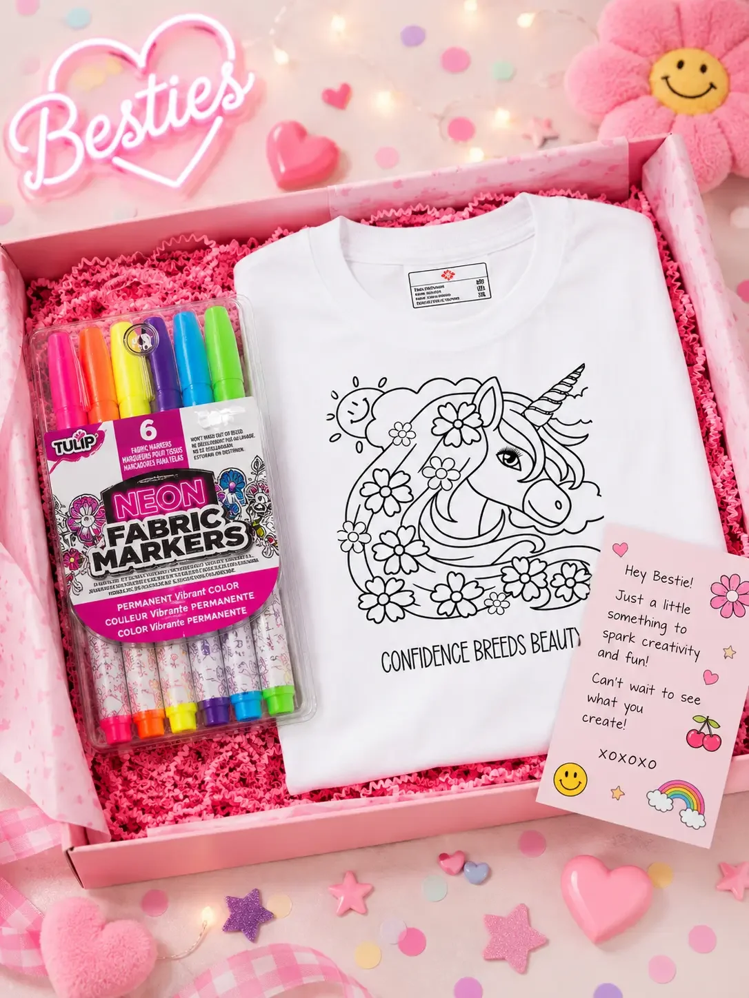 Open pink gift box featuring a white unicorn sketch coloring shirt, Tulip fabric markers, and a bestie gift card.
