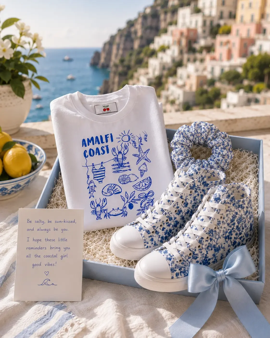 Open blue gift box containing a folded white Amalfi Coast graphic t-shirt, matching blue floral sneakers, a hair scrunchie, and a note card with a coastal background. (Copy)