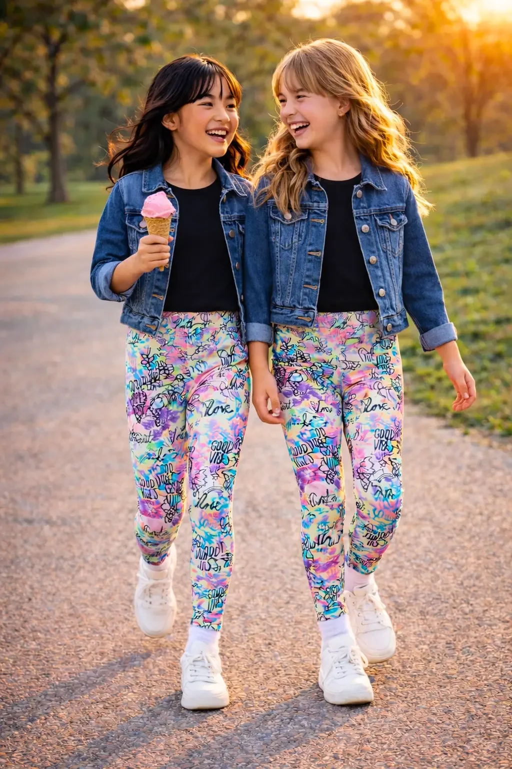 Two young girls walking side-by-side wearing matching multi-colored graffiti and doodle pattern activewear leggings, black shirts, and denim jackets.